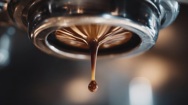 A 4K photo of close-up of a coffee drop from the coffee machine. Espresso coffee extraction from a professional coffee machine with a bottomless filter.