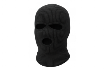 Black balaclava placed against transparent background, representing anonymity, concealing identity, suggesting potential security risks or criminal concealment