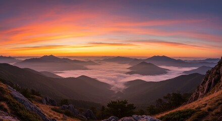 Sunrise Majesty Over Misty Peaks - Serene sunrise paints the sky with vibrant hues, casting a golden glow over misty mountains. Symbolizing peace, tranquility, hope, adventure, and renewal