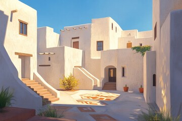 Obraz premium Adobe buildings with stairs, potted plants, and desert landscaping under a clear blue sky create a serene Southwestern atmosphere.