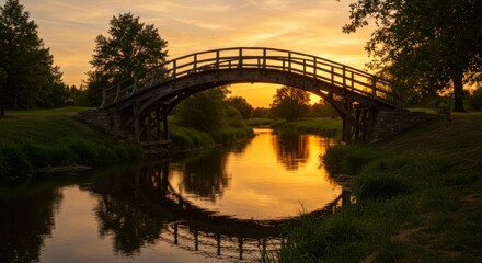 Fototapeta premium Sunset Bridge Over Calm River - Serene sunset scene featuring a wooden bridge arching over a tranquil river, reflecting the golden light