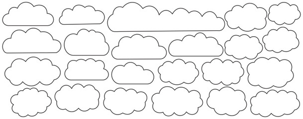 collection of black silhouette clouds in various shapes and sizes. Black Clouds silhouettes set. Fluffy clouds icon set. Vector set of clouds. Cute fluffy, Minimalist bubbly clouds collection.