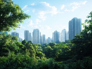 Urban jungle transformation skyscrapers rise amidst lush greenery cityscape nature daylight aerial view