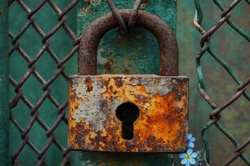 A weathered, rusty padlock secures an aged chain-link fence with small blue flowers adding a touch of delicate beauty.