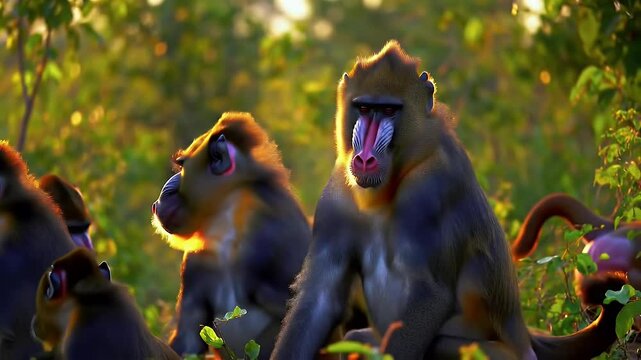 Mandrill Troop in Lush Forest Sunlight