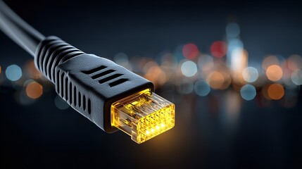 RJ45 Ethernet Cable with Yellow LED Indicator, Network Connection Detail on Blurred Background