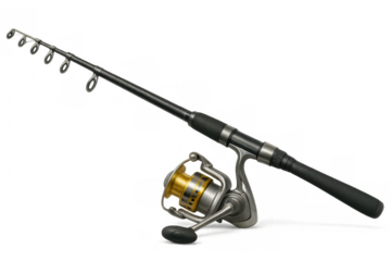 Modern fishing rod with spinning reel isolated on transparent background, ready for fishing adventures