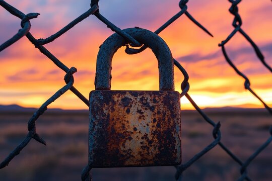 A weathered padlock secures a chain-link fence against a backdrop of vibrant, fiery sunset colors painting the sky.