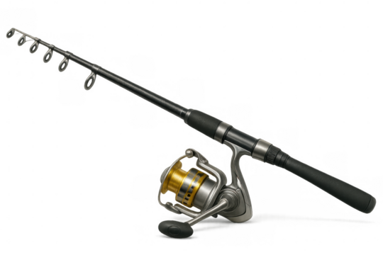 Modern fishing rod with spinning reel isolated on transparent background, ready for fishing adventures
