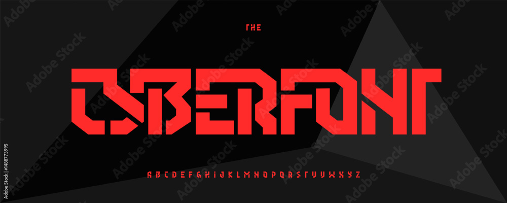 Aufkleber cyber angular font, modular geometric alphabet evokes robotic digital architecture and gaming or spo