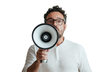 Man passionately speaking into a megaphone promoting social change and awareness with a determined expression and transparent background