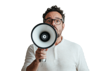 Man passionately speaking into a megaphone promoting social change and awareness with a determined expression and transparent background