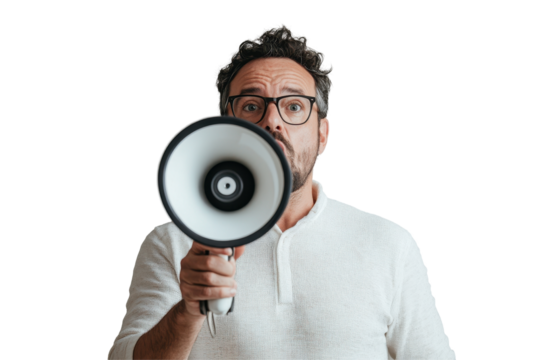 Man passionately speaking into a megaphone promoting social change and awareness with a determined expression and transparent background