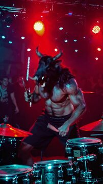 Minotaure torse nu jouant de la batterie en concert, sc&egrave;ne musicale puissante et mythologique

