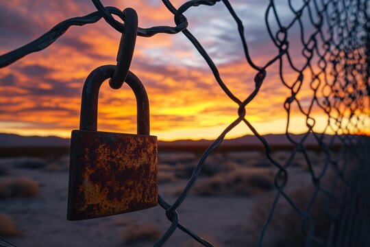 A rusty padlock hangs on a chain-link fence with a vibrant sunset casting orange light across the landscape. - Powered by Adobe