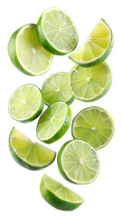 flying lime and half slices isolated on transparent white background, clipping path
