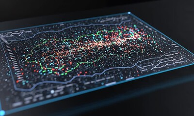 Holographic display shows data points and lines over a dark surface - Powered by Adobe