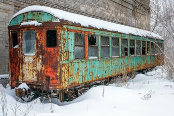 Fototapeta premium An old, rusty, and abandoned train car sits in a snowy landscape, showing signs of weathering and decay.