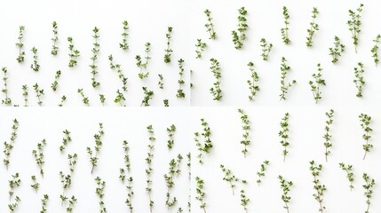 Tiny thyme sprigs scattered across a white surface, creating a simple pattern