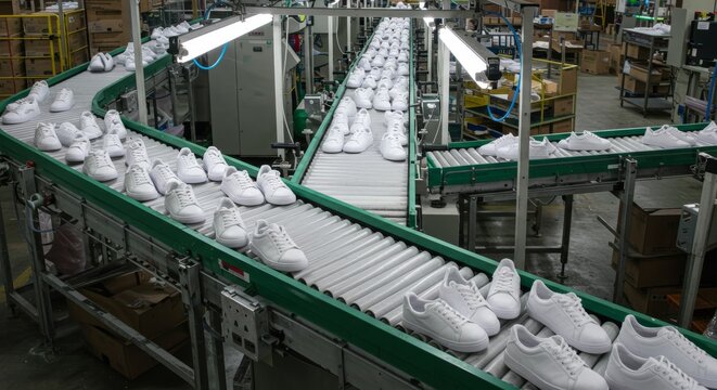 White Sneaker Factory Production Line - Rows of white sneakers move along a conveyor belt in a modern factory setting. Efficient manufacturing process
