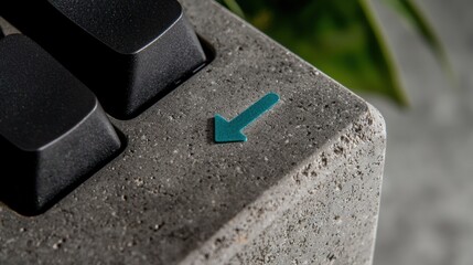 A close-up of a black keyboard with a teal arrow pointing to the right.