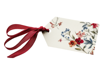 Decorative gift tag featuring a floral design with various wildflowers and a red ribbon, perfect for adding a personal touch to presents for any occasion