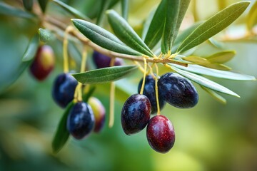 Olive Tree Branch with Ripe Green and Black Olives in Sunlight - AI Generated