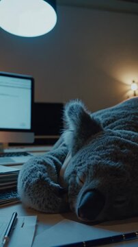 Koala endormi sur un bureau face &agrave; un ordinateur, sc&egrave;ne nocturne dr&ocirc;le et attendrissante

