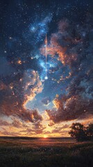 Naklejka premium Stargazing event over sunset landscape nature scene evening sky panoramic view celestial concept