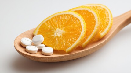 Fototapeta premium A 4K photo of fresh Oranges and Supplements - Healthy lifestyle, vitamin C, natural remedy, wellness, supplementation. depicts three orange slices and white supplement pills.