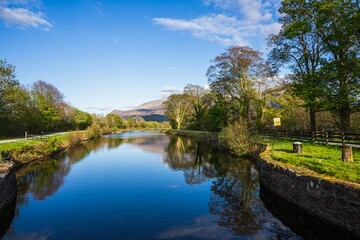 Caledonian Canal, Caol Beach and Nevis Range Mountains, Corpach, Fort William, Highland, Scotland, UK