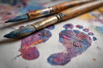 Fototapeta premium Close-up of colorful painted footprints next to paintbrushes, symbolizing creativity, family memories, and childhood art projects for fun and educational development.