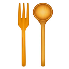 Salad Fork and Spoon, Wood Tools, grain texture, isolated on white background. 