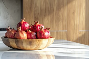 A wooden bowl overflowing with vibrant red pomegranates sits elegantly on a marble surface, bathed in warm sunlight.