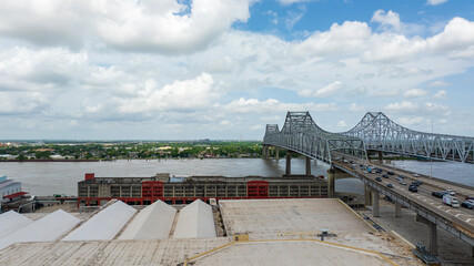aerial shot of cars and truck driving on the Crescent City Connection bridge over the Mississippi...