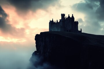 Obraz premium A stone castle sits atop a high, dark cliff against a moody, atmospheric sky with rising mist below.