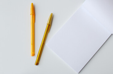 Two golden ballpoint pens and a blank paper notepad on white background. Perfect for scholars, university students or office reminders. Writing and drawing tools.