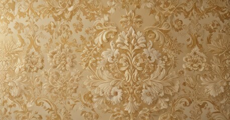 Opulent gold & cream damask fabric, intricate floral detail, interior, tapestry, wallpaper
