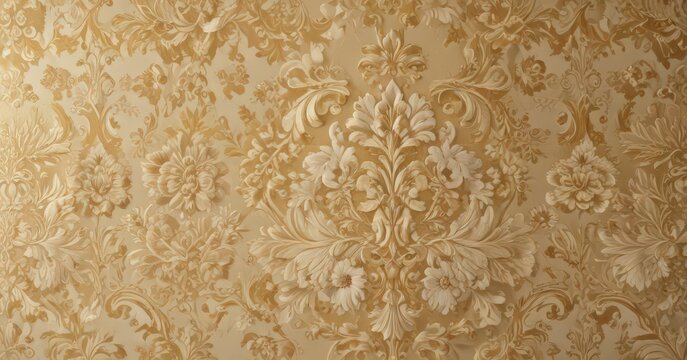 Opulent gold & cream damask fabric, intricate floral detail, interior, tapestry, wallpaper