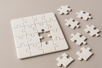 Obraz premium Jigsaw Puzzle and Missing Piece: An incomplete jigsaw puzzle sits on a subtle, light background, highlighting a missing piece, symbolizing the journey of problem-solving and seeking a solution.