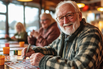 Happy senior man playing bingo with friends in retirement home
