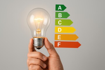 Illuminating Energy Efficiency: A person holds a radiant light bulb beside an energy efficiency rating chart, promoting sustainable practices and innovative solutions.