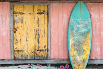 Rustic beach shack with a weathered yellow door, pink walls, a surfboard, sand, and flowers creating a vibrant coastal scene.