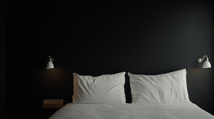 Dark bedroom with white pillows and wall sconces. Modern interior design focused on contrast and minimalist elements for a calming space.