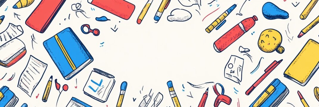 Discover colorful school supplies around a blank center space perfect for crafting educational messages and decorations at your learning center or classroom