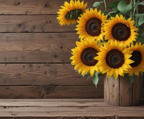 Obraz premium Sunflowers in a charming display atop aged wood , closeup, garden