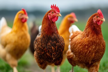 Fototapeta premium A group of free range chickens on a farm, focusing on their vibrant plumage and healthy appearance, roaming freely in a green pasture, organic farm setting.