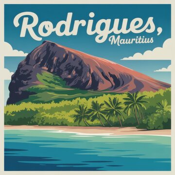 Rodrigues Mauritius Retro Travel Poster with Volcanic Landscape