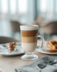 A delicious layered latte, accompanied by a light snack, rests invitingly on a wooden table, suggesting a moment of relaxation and enjoyment