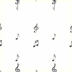 Seamless minimalist pattern of black music notes and symbols like treble clef, quarter note, eighth note, isolated on white background, clean line art, monochrome vector design
